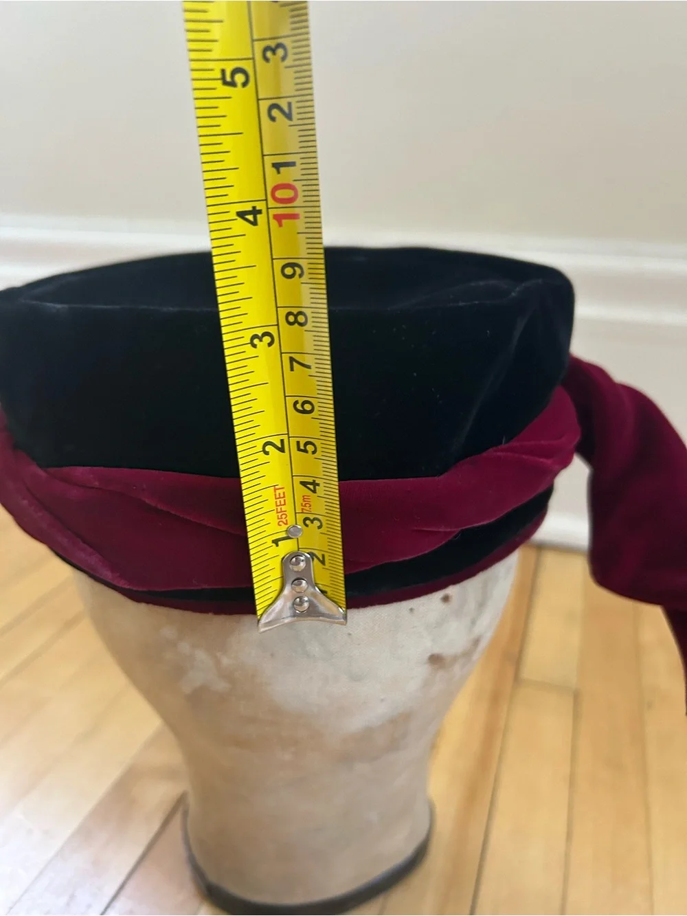 Libye Diamond 1950s Black Velvet Pillbox Hat with Wine Tail